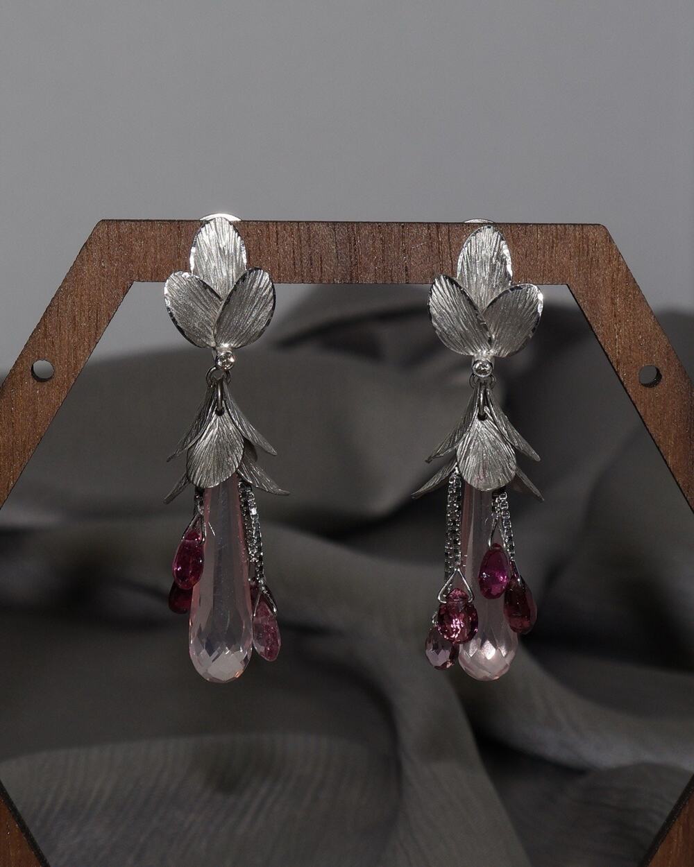 18k White Gold Pink Tourmaline & Diamond Floral Earrings 8.7G / 1.7in